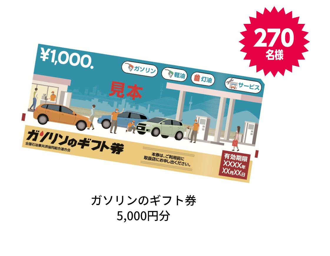 ガソリンのギフト券5,000円分 270名様